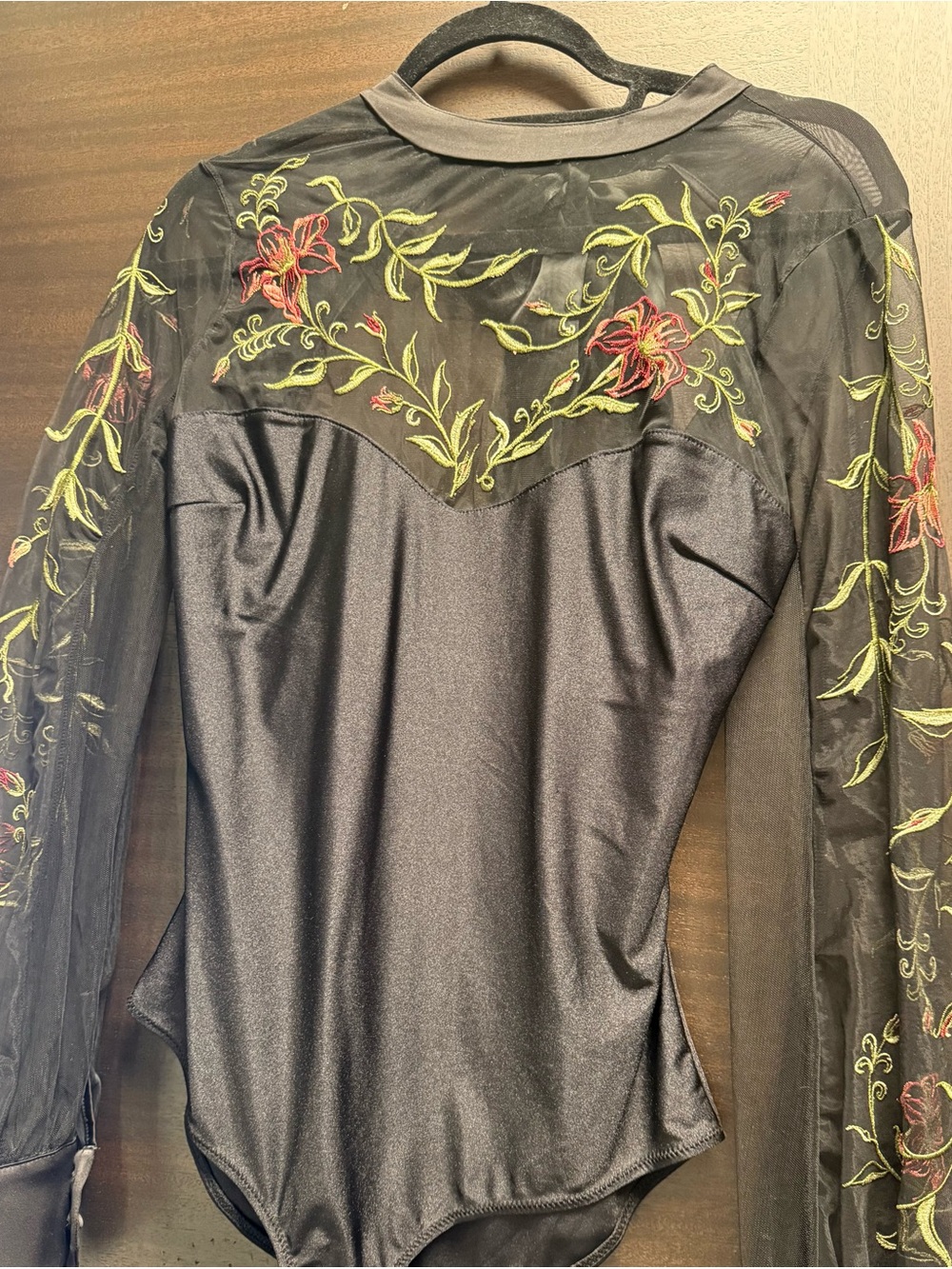 Free People Sheer Black Bodysuit with Red & Green Floral Embroidery